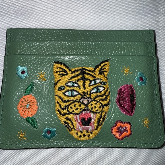 Min & Mon Frodo Basil Green Leather Cardholder Slim Wallet Tiger Flowers - Picture 6 of 8